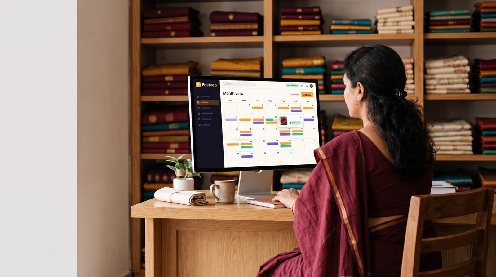 A saree shop owner reviewing her Deepavali collection launch on the Postveo calendar — a month of scheduled posts, with one caption waiting to be approved