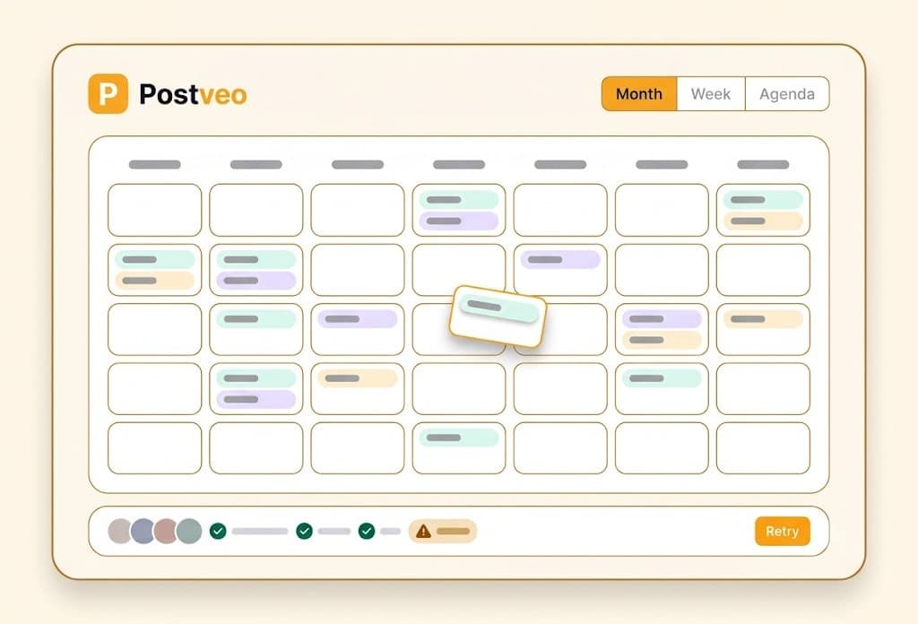 The Postveo calendar month view for a demo brand, with colour-coded post pills, one post being dragged to another day, and a per-platform confirmation row