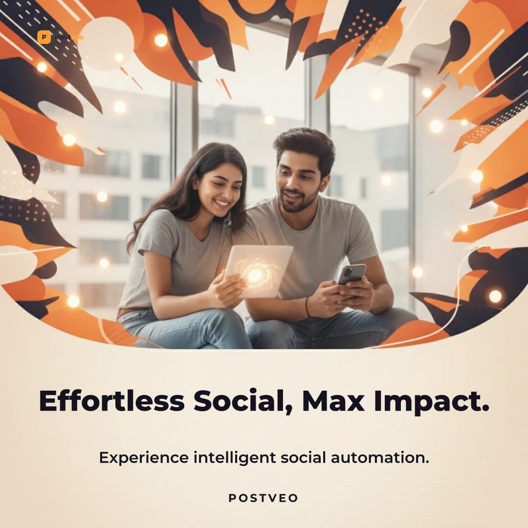 A finished 1:1 feed poster made by Postveo for a demo brand — the headline, supporting line, brand shapes and logo already placed on the artwork